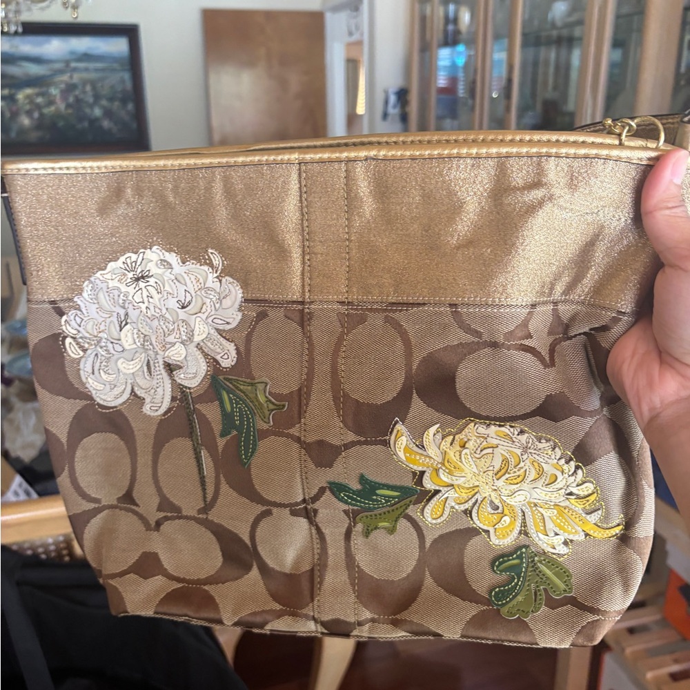 Coach Gold Shoulder Bag with Floral Accent